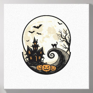 Vintage Halloween Cat Moon Haunted House Vector De Canvas Photo Tile