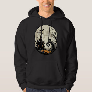 Vintage Halloween Cat Moon Haunted House Vector De Hoodie