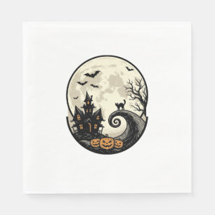 Vintage Halloween Cat Moon Haunted House Vector De Napkins