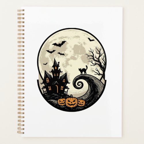 Vintage Halloween Cat Moon Haunted House Vector De Planner