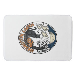 Vintage Halloween Cat Moonlit Ghost Badge_1 Bath Mat
