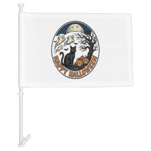 Vintage Halloween Cat Moonlit Ghost Badge_1 Car Flag