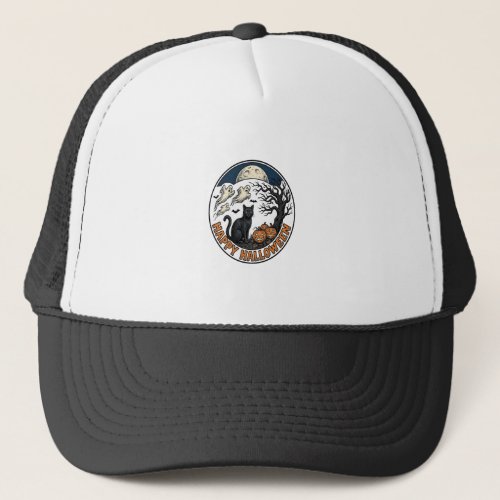 Vintage Halloween Cat Moonlit Ghost Badge_1 Trucker Hat