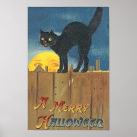 Vintage Halloween Cat on Fence Poster