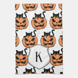 Vintage Halloween Cat Spooky Pattern Personalized Kitchen Towel