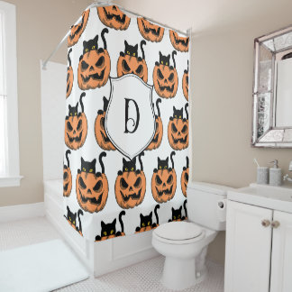 Vintage Halloween Cat Spooky Pattern Personalized Shower Curtain