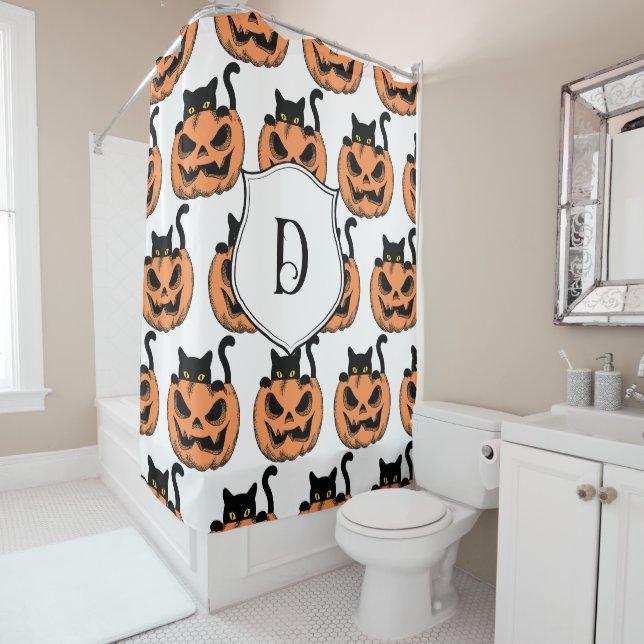Vintage Halloween Cat Spooky Pattern Personalized Shower Curtain (In Situ)