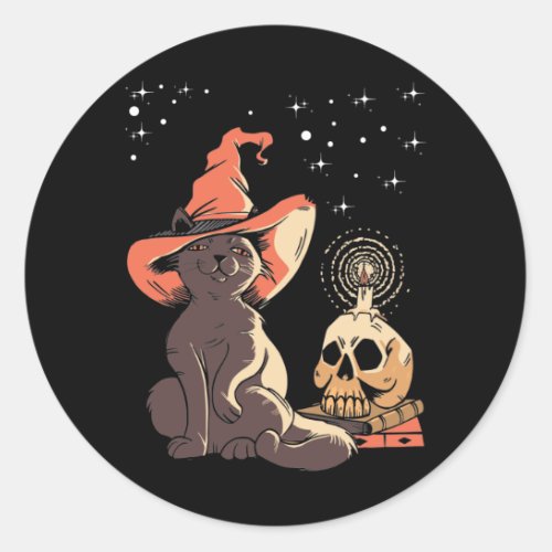 Vintage Halloween Cat Witchy Skull Classic Round Sticker