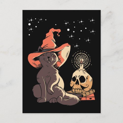 Vintage Halloween Cat Witchy Skull Postcard