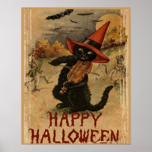 Vintage Halloween Cat With Fiddle Poster