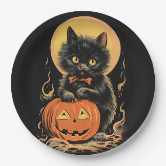 Vintage Halloween Cat with Pumpkin Paper Plates