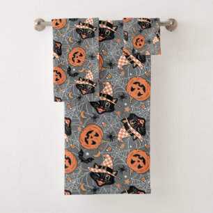 Vintage Halloween Cats and Pumpkins Pattern Bath Towel Set
