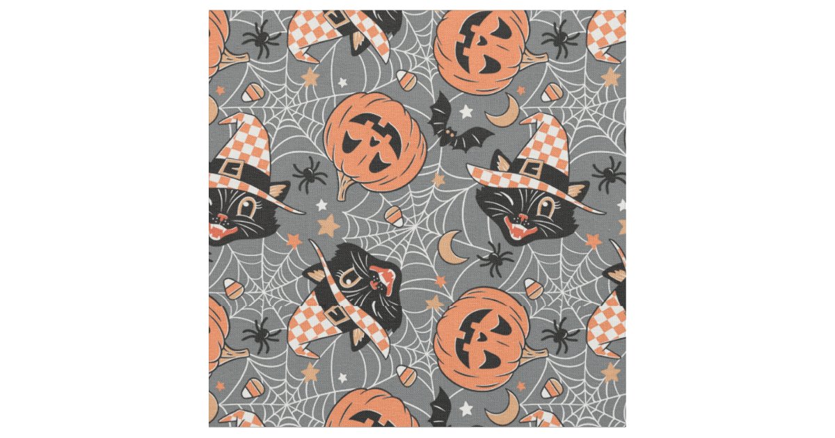 Vintage Halloween Cats and Pumpkins Pattern Fabric | Zazzle