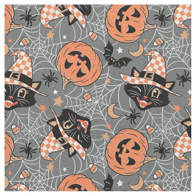 Vintage Halloween Cats and Pumpkins Pattern Fabric (Close Up)