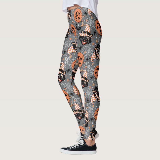 Vintage Halloween Cats and Pumpkins Pattern Leggings (Left)