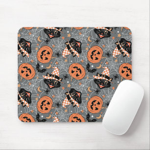 Vintage Halloween Cats and Pumpkins Pattern Mouse Pad