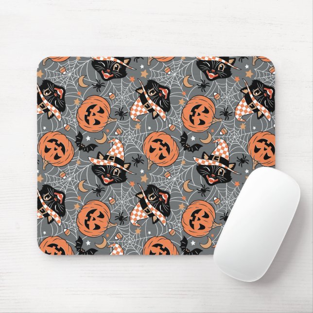 Vintage Halloween Cats and Pumpkins Pattern Mouse Pad (With Mouse)