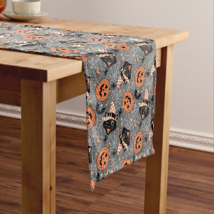 Vintage Halloween Cats and Pumpkins Pattern Short Table Runner