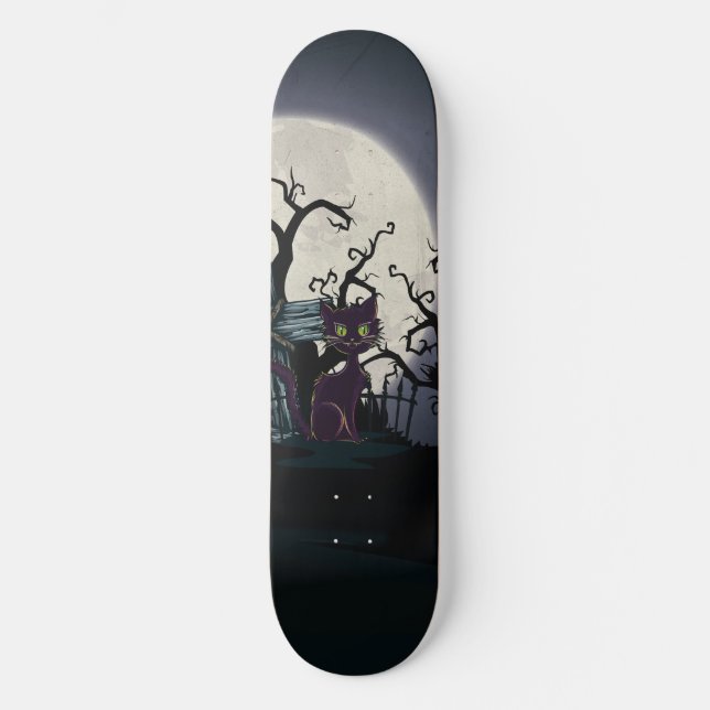 Vintage Halloween Cemetery Cat Skateboard (Front)