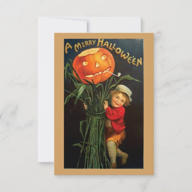 Vintage Halloween Child Holding Pumpkin Scarecrow (Front)