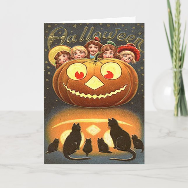Vintage Halloween Children and Cats Card (Front)