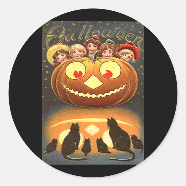 Vintage Halloween Children and Cats Classic Round Sticker | Zazzle
