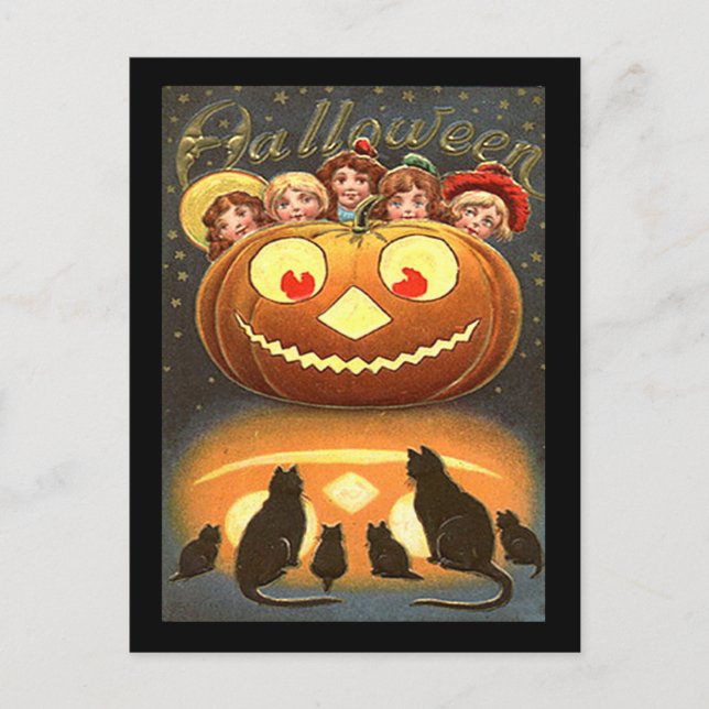 Vintage Halloween Children and Cats Postcard (Front)