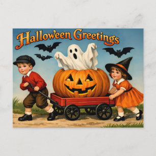 Vintage Halloween Children, Ghost, Pumpkin Postcard