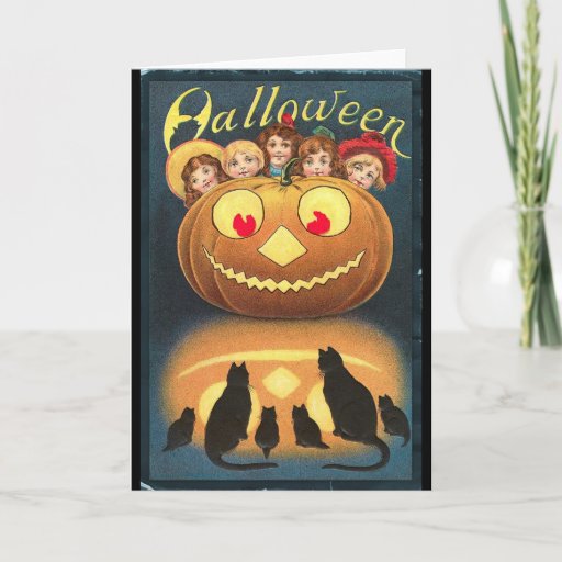 Vintage Halloween Children Hiding Behind Pumpkin Card