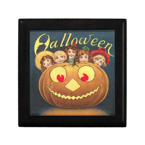 Vintage Halloween Children Hiding Behind Pumpkin Gift Box