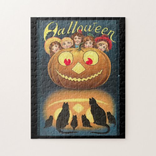 Vintage Halloween Children Hiding Behind Pumpkin Jigsaw Puzzle