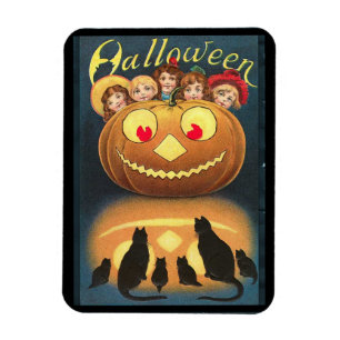 Vintage Halloween Children Hiding Behind Pumpkin Magnet