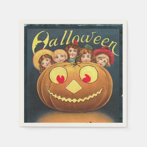 Vintage Halloween Children Hiding Behind Pumpkin Napkins