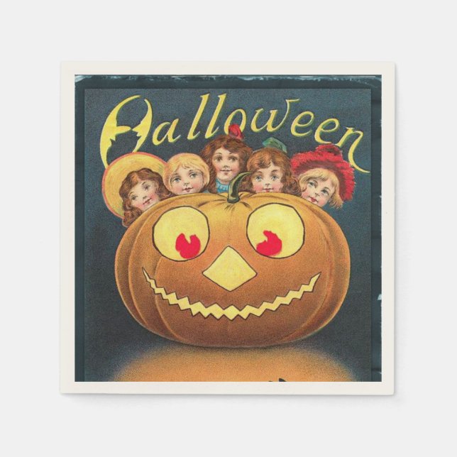 Vintage Halloween Children Hiding Behind Pumpkin Napkins (Front)