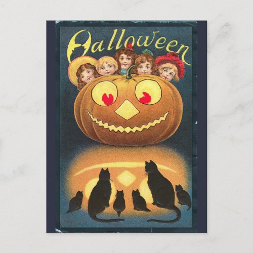 Vintage Halloween Children Hiding Behind Pumpkin Postcard