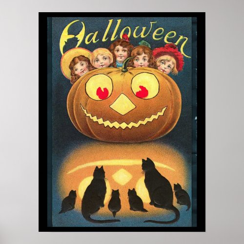 Vintage Halloween Children Hiding Behind Pumpkin Poster