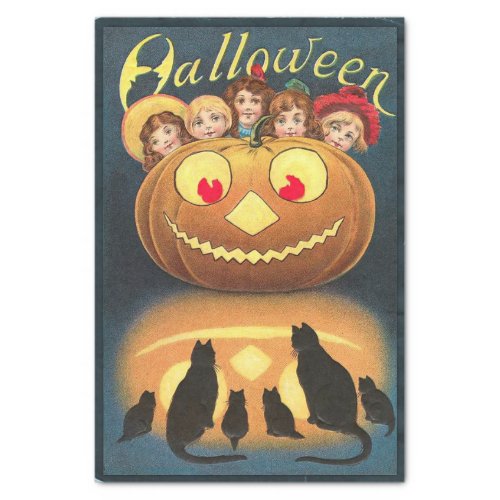 Vintage Halloween Children Hiding Behind Pumpkin Tissue Paper