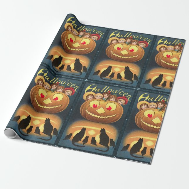 Vintage Halloween Children Hiding Behind Pumpkin Wrapping Paper (Unrolled)