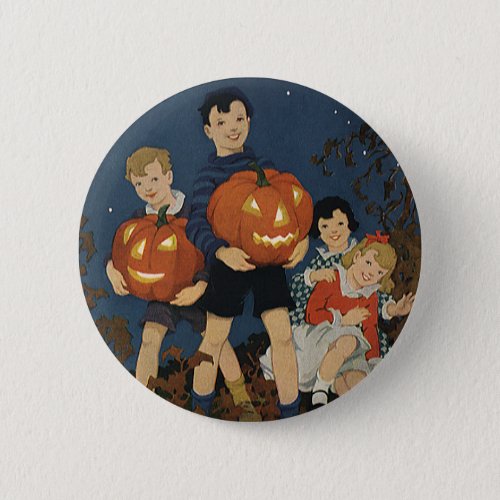 Vintage Halloween Children holding Pumpkins Button