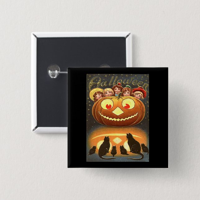 Vintage Halloween Children, Jack o' Lantern & Cats Button (Front & Back)