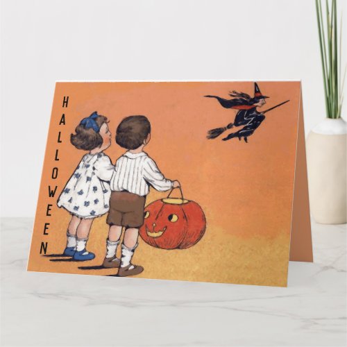 Vintage Halloween Children Witch Pumpkin Card