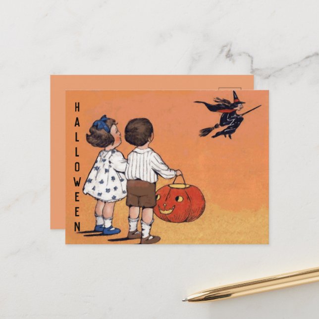 Vintage Halloween Children Witch Pumpkin Holiday Postcard (Front/Back In Situ)
