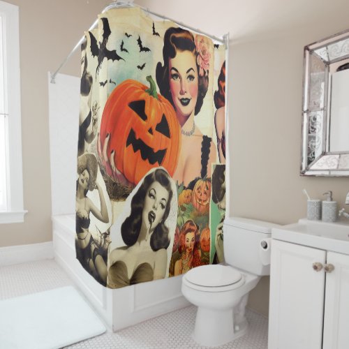 Vintage Halloween Collage Illustration Shower Curtain