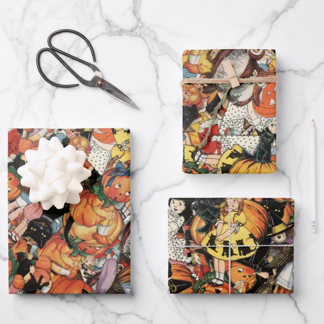 Vintage Halloween Collage Wrapping Paper Sheets (Front)