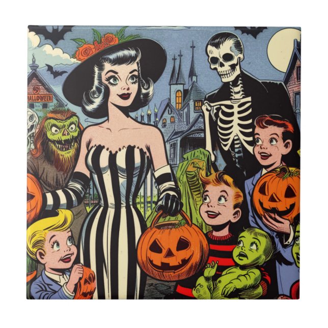Vintage Halloween Comics Ceramic Tile (Front)