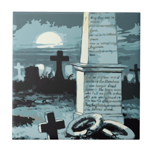 Vintage Halloween Creepy Cemetery with Graves Ceramic Tile