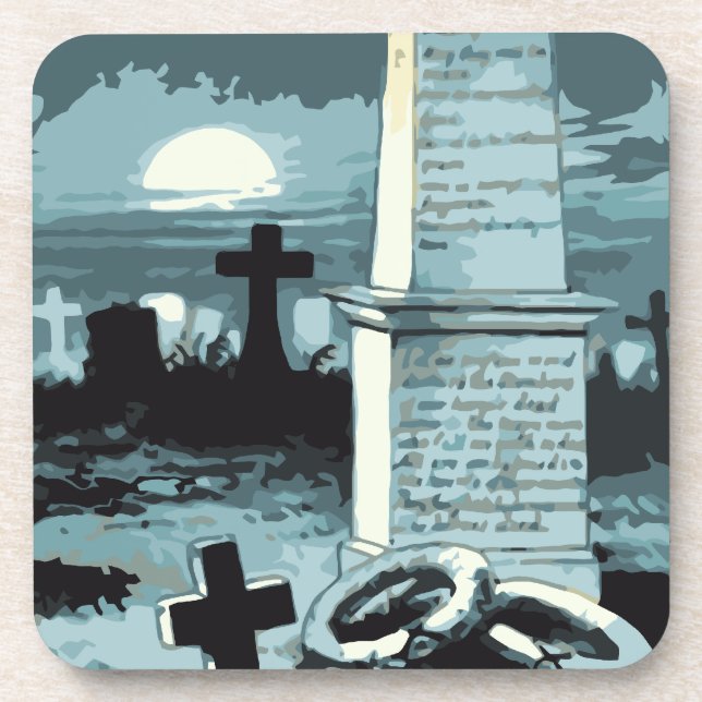Vintage Halloween, Creepy Cemetery with Graves Drink Coaster (Front)
