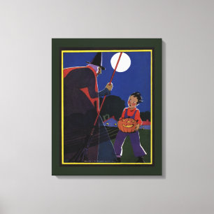 Vintage Halloween, Creepy Witch with Boy Canvas Print