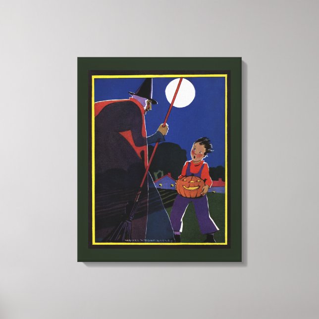Vintage Halloween, Creepy Witch with Boy Canvas Print (Front)