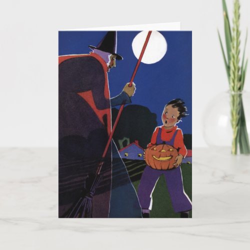 Vintage Halloween Creepy Witch with Boy Card